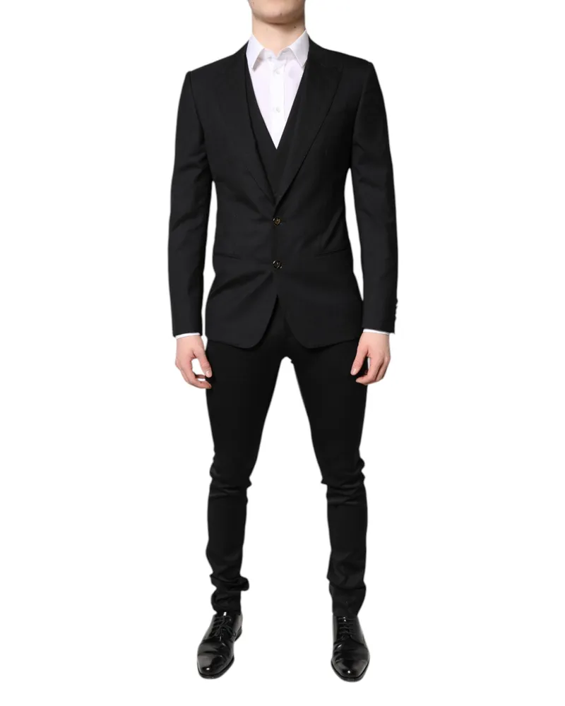 Dolce & Gabbana Men Black Single Breasted Formal Blazer With Vest Viscose Elastane Clothing Black