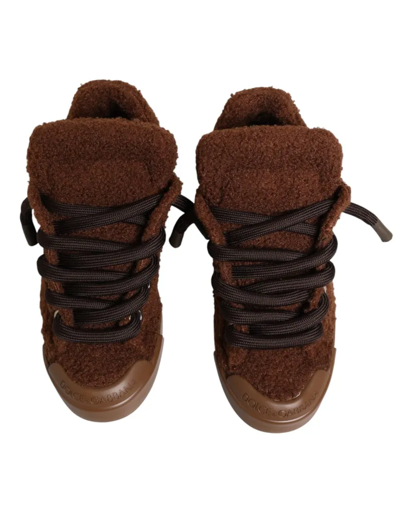 Dolce & Gabbana Men's Brown Faux Shearling Low Top Sneakers Shoes Brown