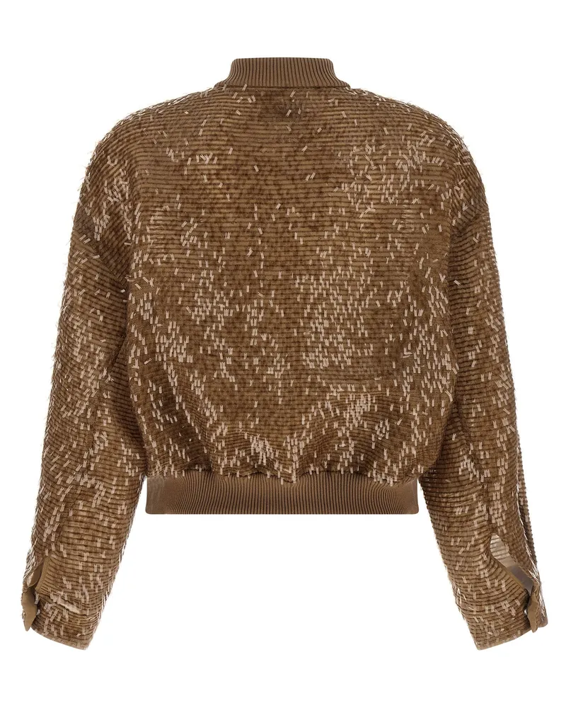 Brunello Cucinelli Sequin-Embroidered Silk Cardigan — Camel Camel