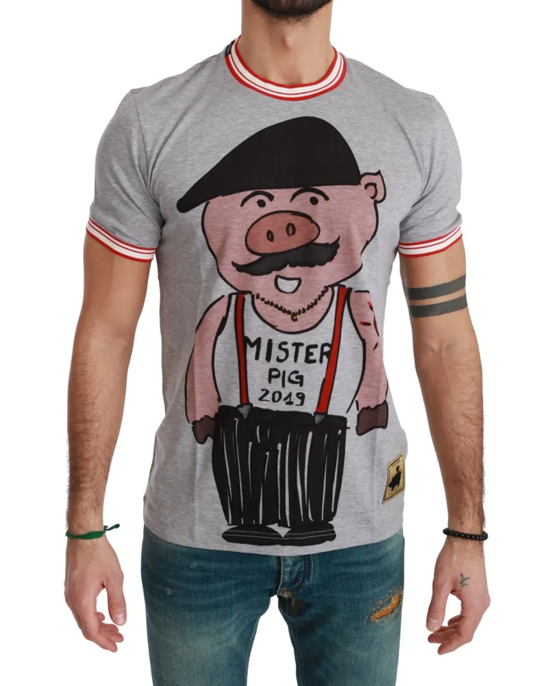 Dolce & Gabbana Year of the Pig Graphic Cotton T-Shirt — Gray Gray