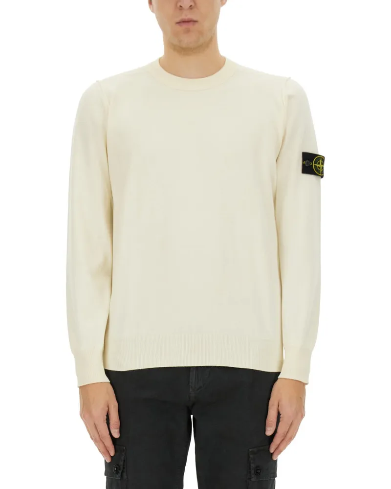 Stone Island Logo Knit Cotton Sweater — Ivory Ivory