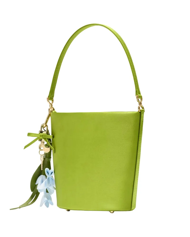Self-Portrait Satin with Charms Bucket Bag — Green Green