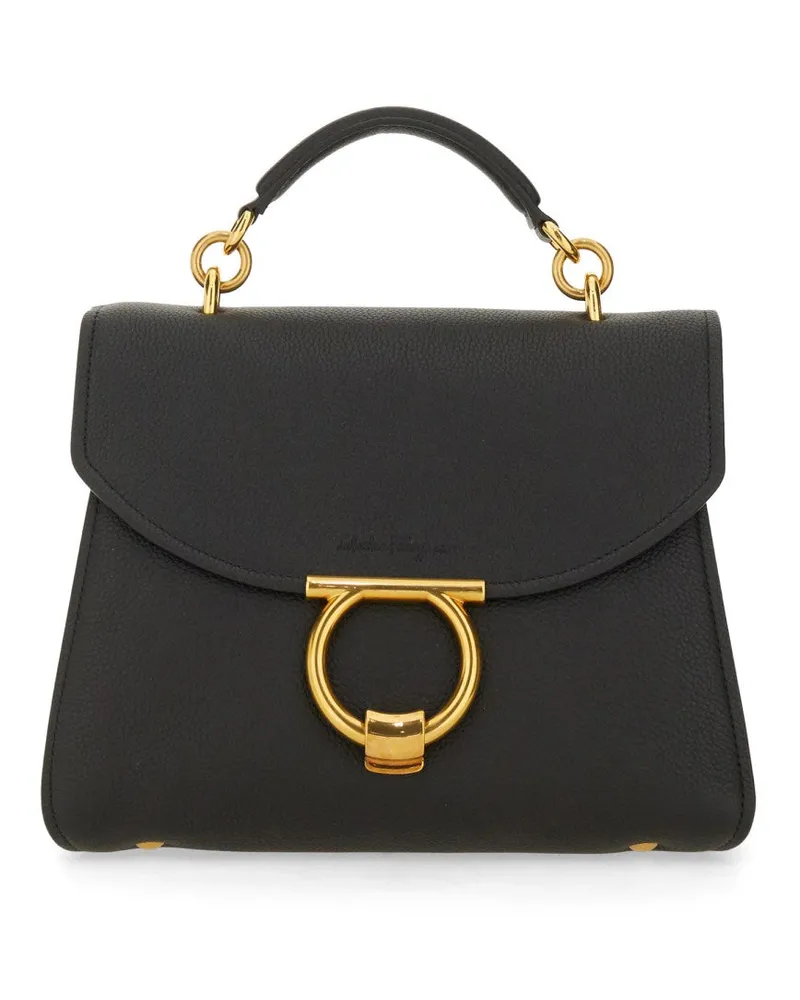 Ferragamo Gancini Calfskin Leather Shoulder Bag — Black Black