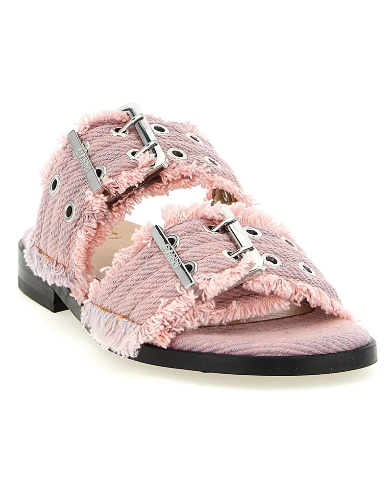 Ganni Buckle Fringed Denim Sandals — Pink Pink
