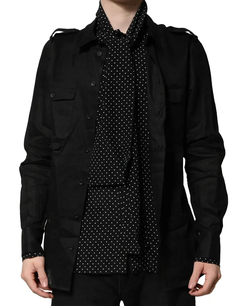 Dolce & Gabbana Men's Black Polka Dot Collar Tie Neck Casual Shirt Flax Silk Black