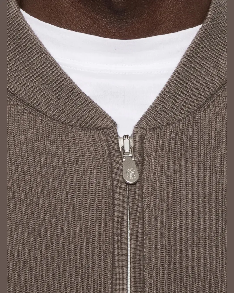 Brunello Cucinelli Men's Ribbed Zip-Fastening Cardigan Ss26 M Taupe