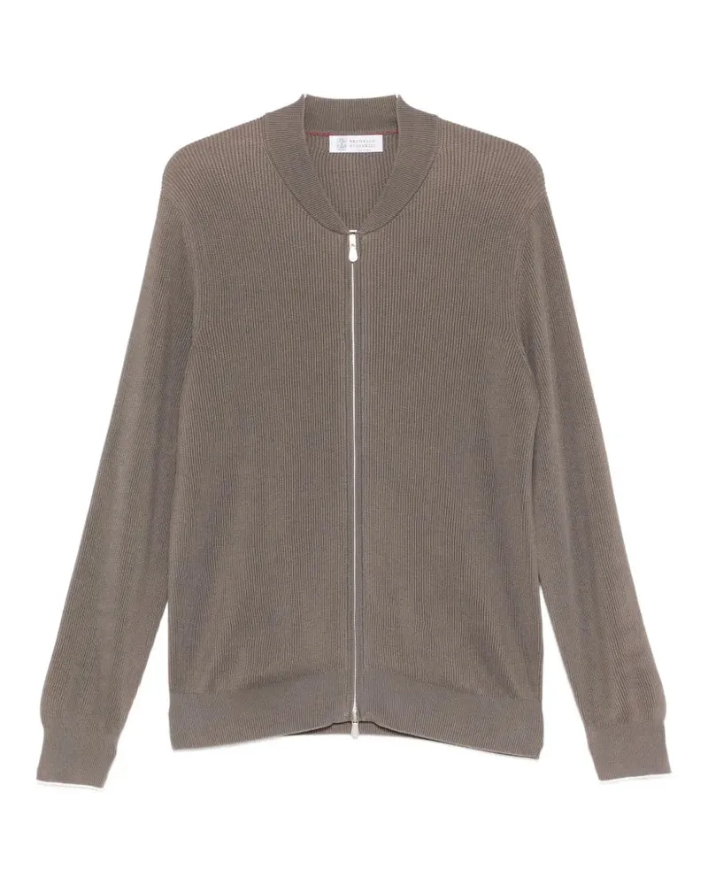 Brunello Cucinelli Men's Ribbed Zip-Fastening Cardigan Ss26 M Taupe