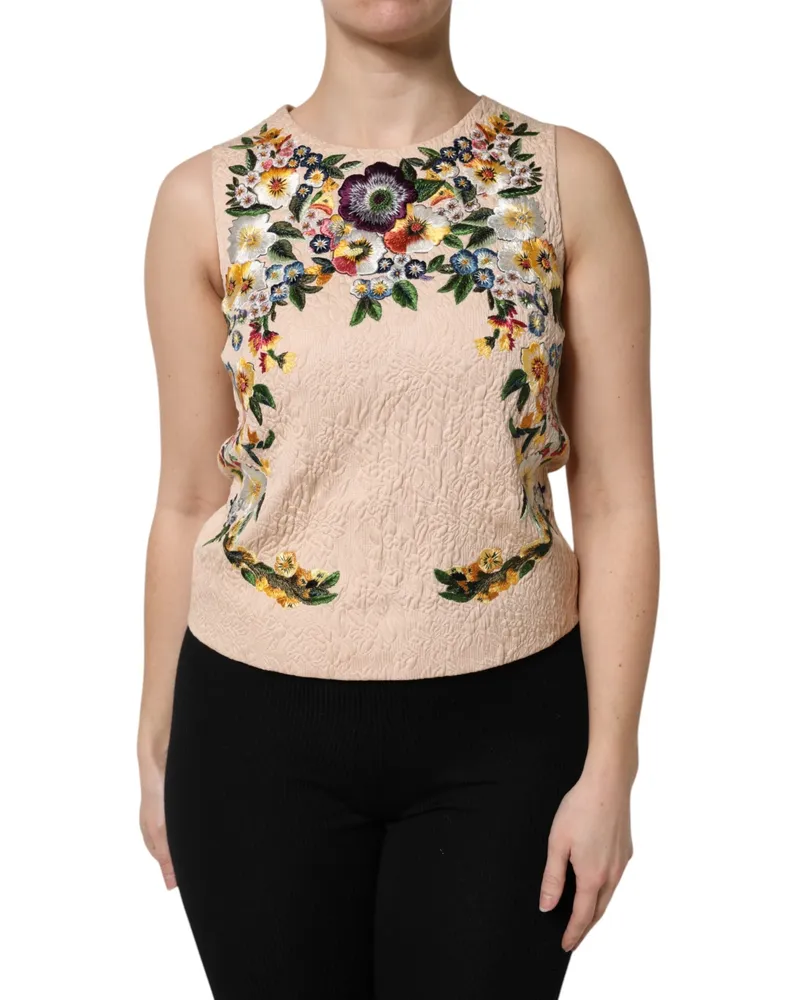 Dolce & Gabbana Women's Beige Floral Embroidery Sleeveless Tank Top Cotton Nylon Beige