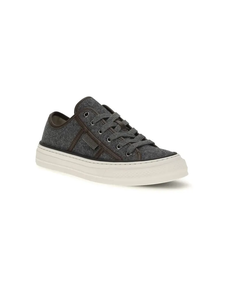 Brunello Cucinelli Suede with Shiny Tab Sneakers — Gray Gray