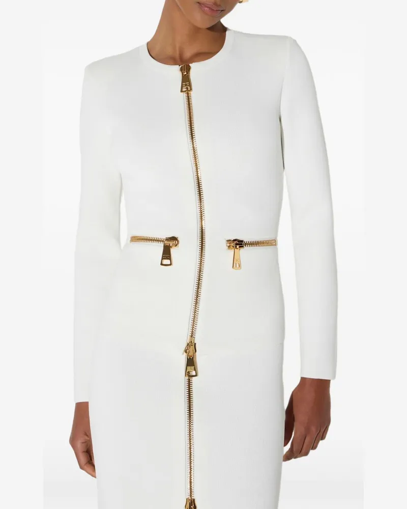 Elisabetta Franchi Golden Zip-Detail Milano Knit Cardigan — Cream Cream