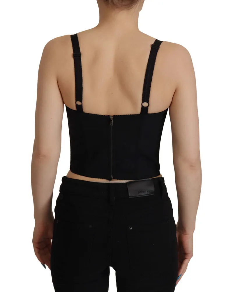 Dolce & Gabbana Women's Black Patchwork Sicily Blouse Corset Cropped Top Cotton Black