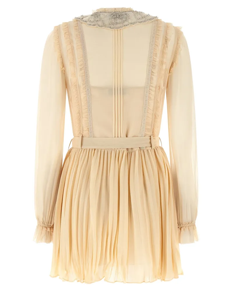 Self-Portrait Pleated Georgette with Peter Pan Collar Dress — Cream Cream