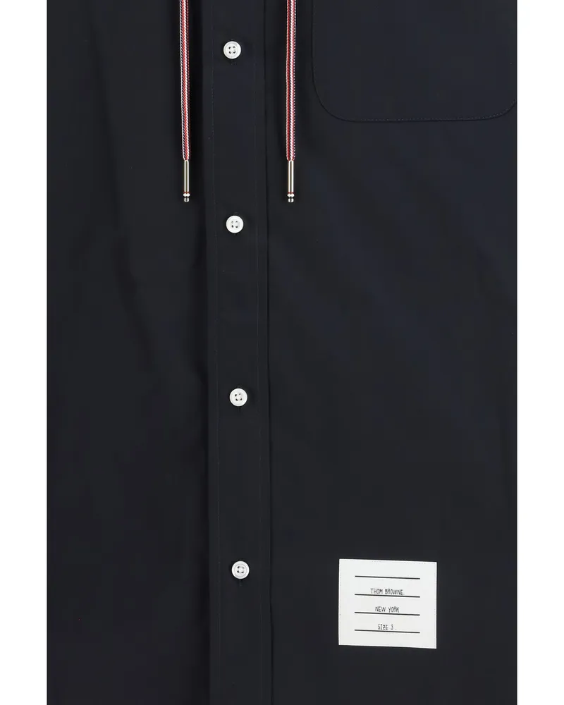 Thom Browne Men's Hooded Shirt Jacket Navy Nylon-Cotton Polyamide Sweatshirts Sweater Navy