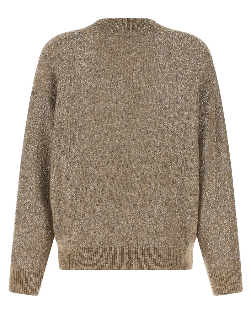 Brunello Cucinelli Sequin-Embellished V-Neck Sweater — Beige 