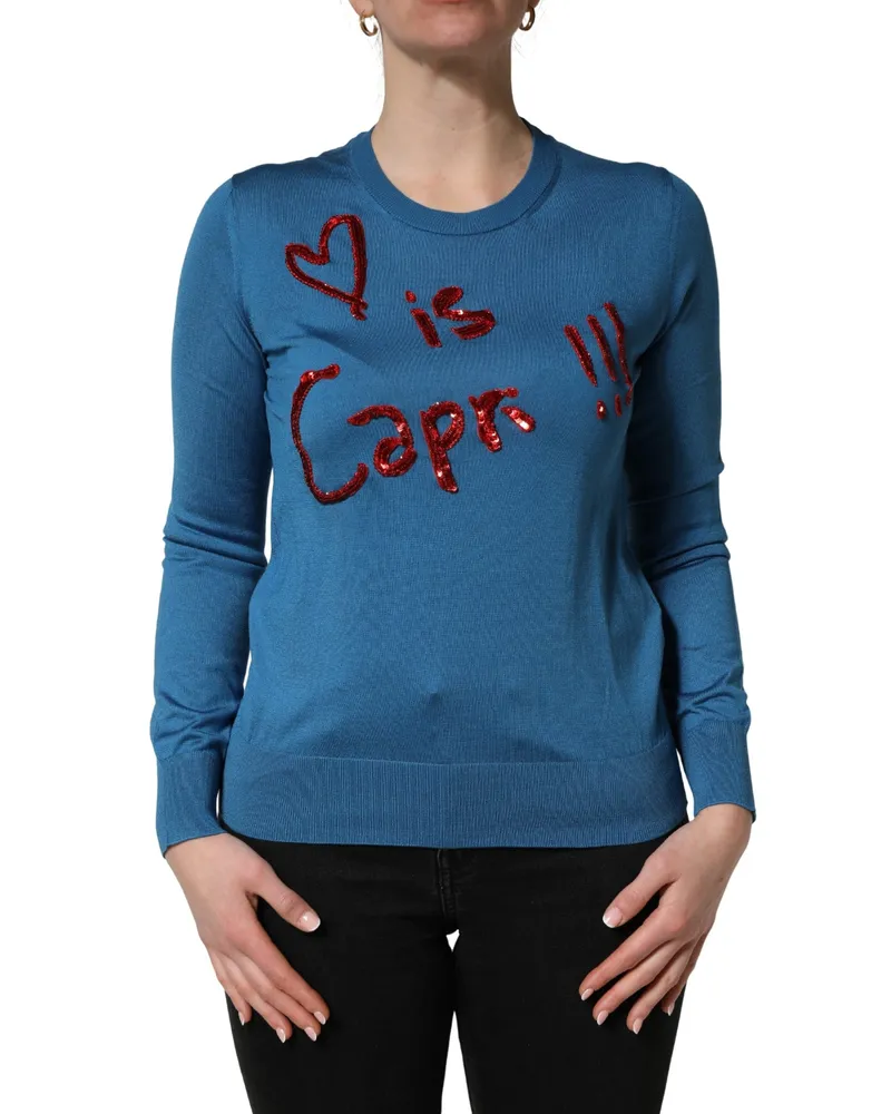 Dolce & Gabbana Women's Blue Silk Sequined Crewneck Pullover Sweater Clothing Blue