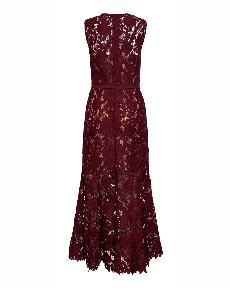 Self-Portrait Women's Burgundy Guipure Lace Belted Midi Dress Polyester Burgundy