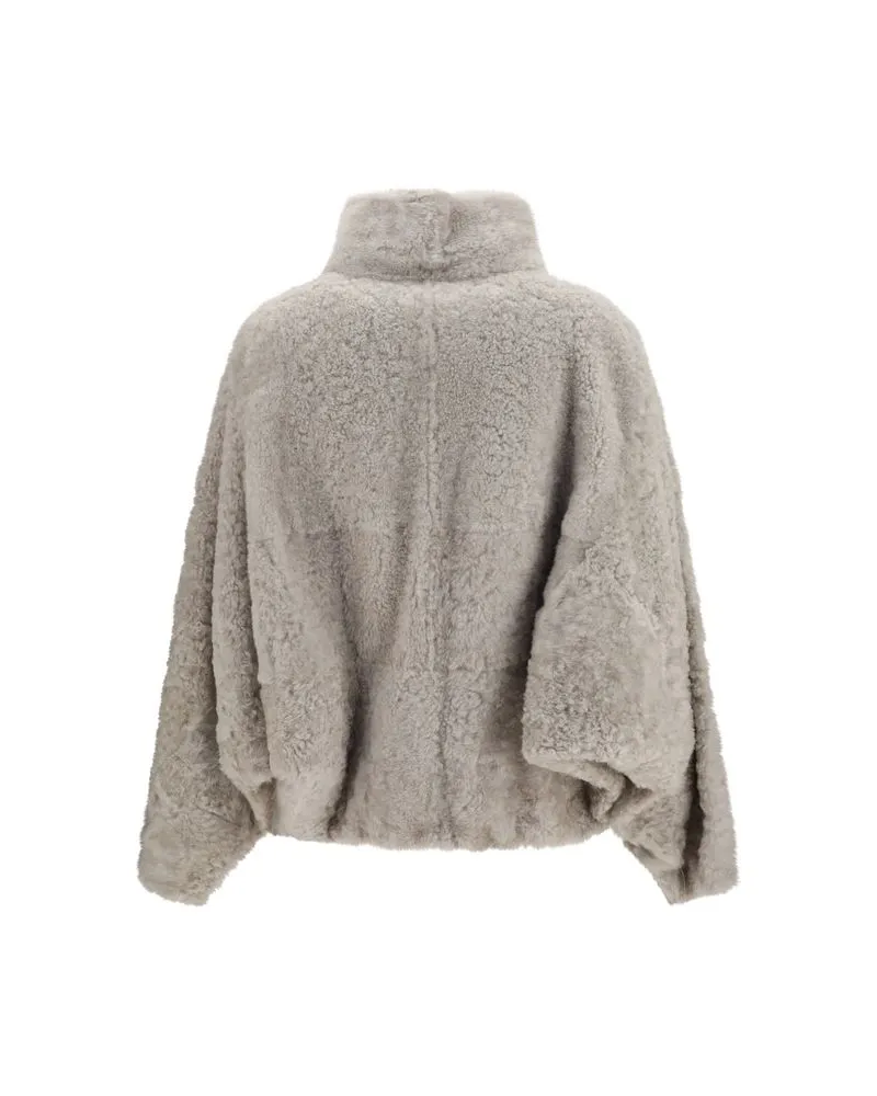 Brunello Cucinelli Faux Fur High-Neck Jacket — Gray Gray