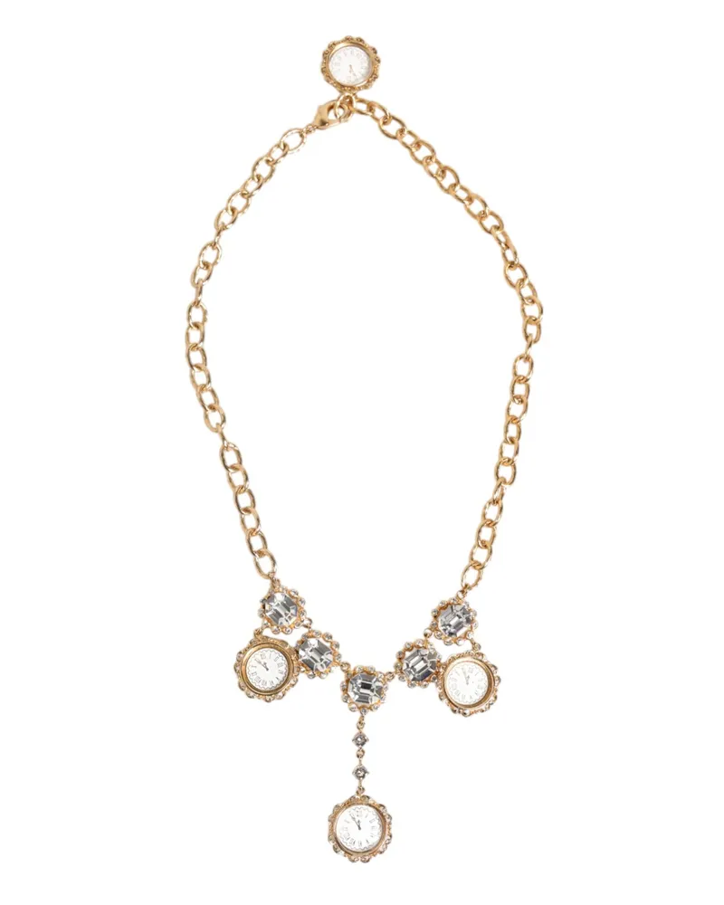 Dolce & Gabbana Women's Gold Crystal Clock Pendant Statement Jewelry Necklace Real Brass Enamel Gold