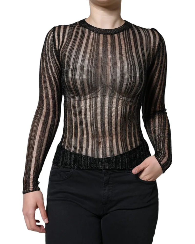 Dolce & Gabbana Women Black Stripe See Through Long Sleeves Top Viscose Polyester Film Fiber Black
