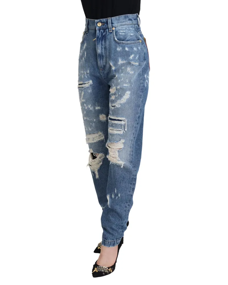 Dolce & Gabbana Women's Blue Washed Cotton Tattered Denim Jeans Clothing Blue