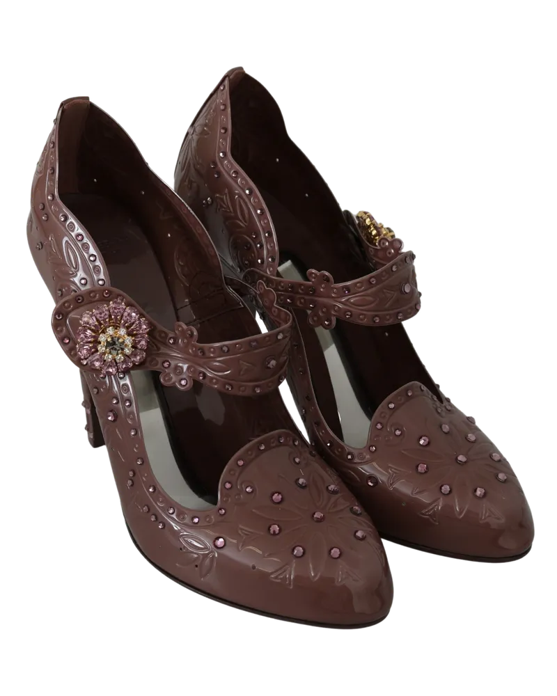 Dolce & Gabbana Women's Brown Floral Crystal Cinderella Heels Shoes Pvc Brown