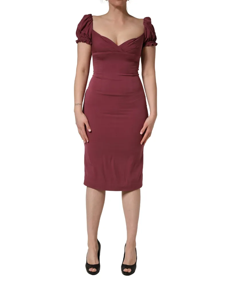 Dolce & Gabbana Women Maroon Silk Sweetheart Sheath Midi Dress Burgundy