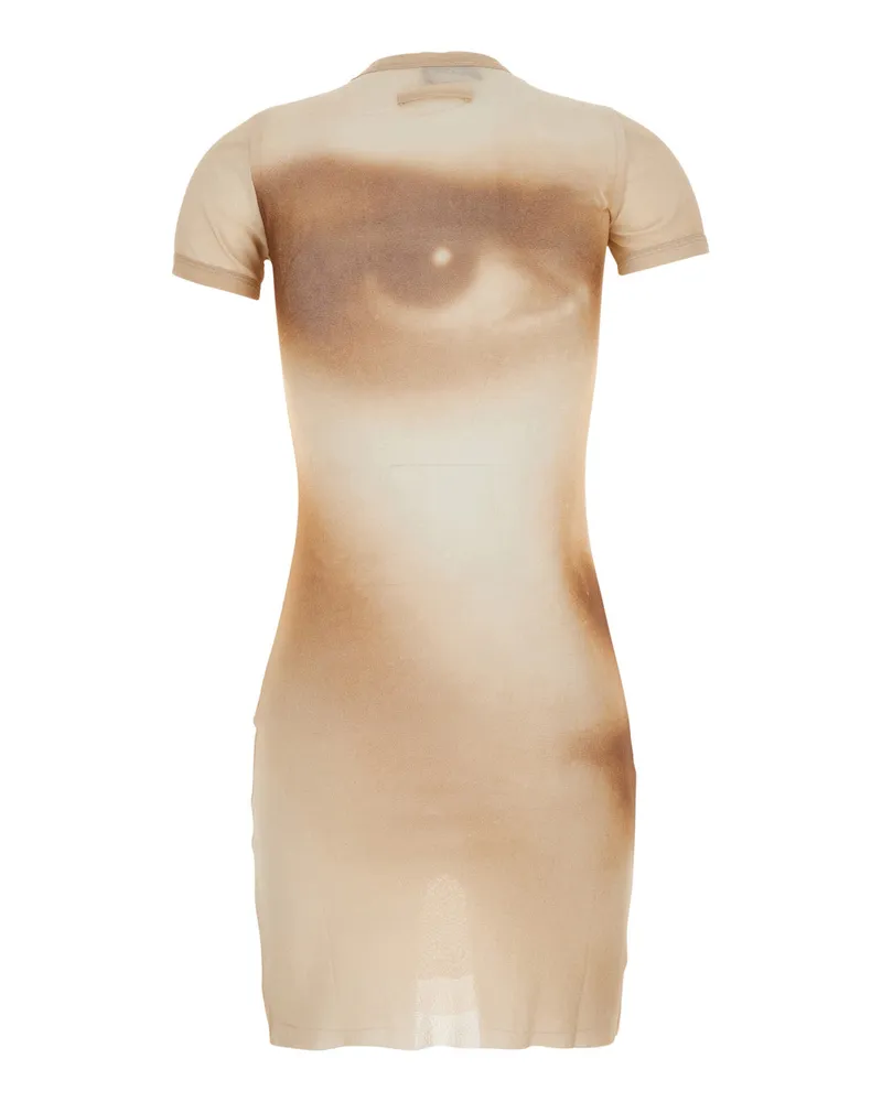 Jean Paul Gaultier Women Short Dress With Face Print Tech Fabric Beige Beige