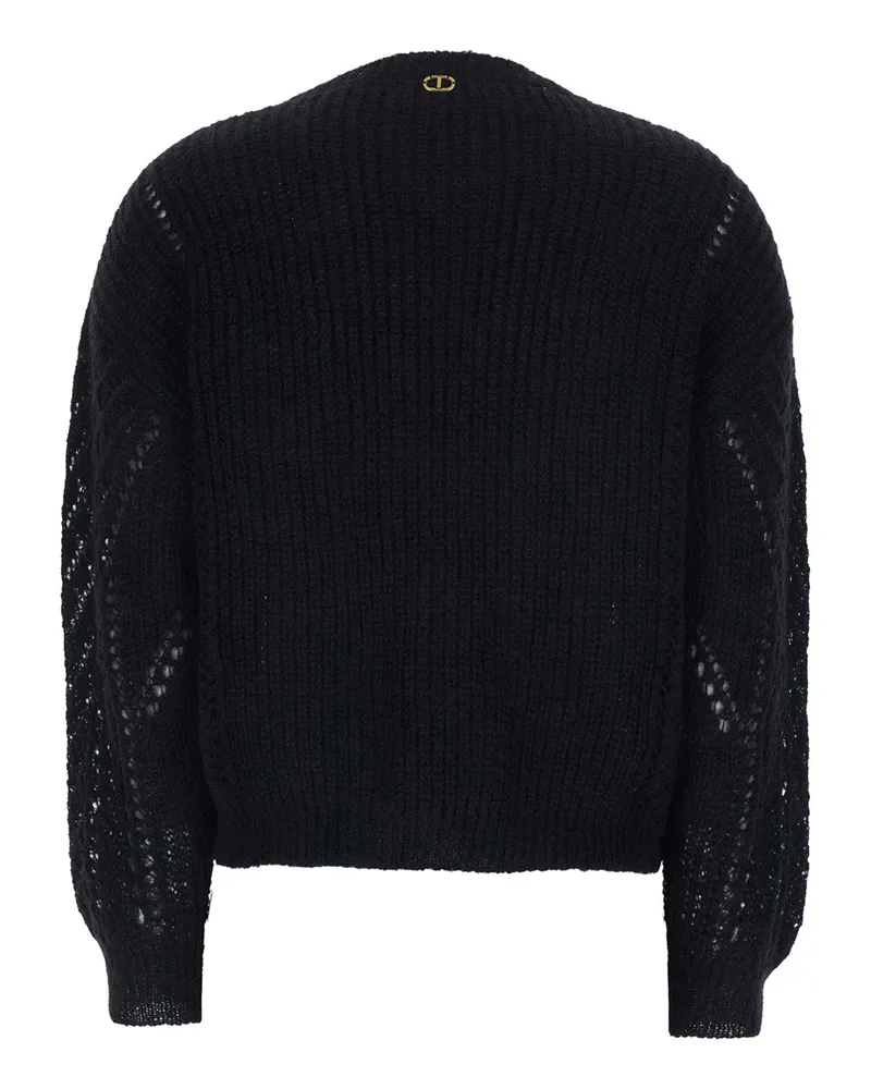 Twin-Set Women's Black Crewneck Sweater With Logo Plaque Wool Tops Top Black