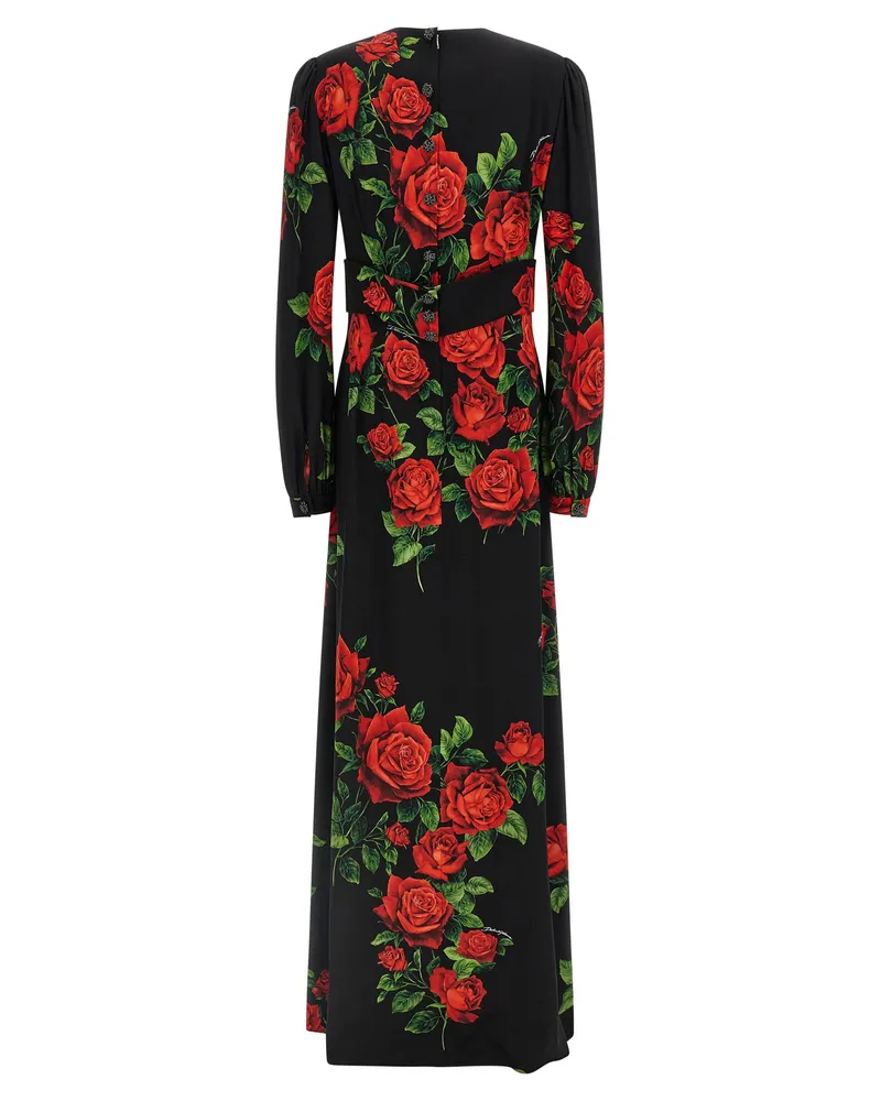 Dolce & Gabbana Rose-Print Silk Charmeuse Dress — Black Black