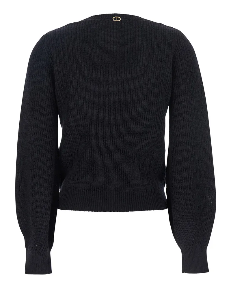 Twin-Set Women Black Sweater With Embroidered Collar Cotton Tops Top Black