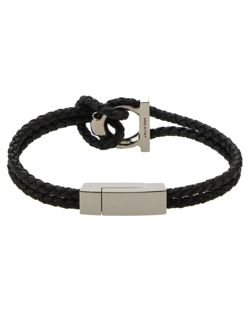 Ferragamo Gancini Logo Calf Leather Bracelet — Black Black