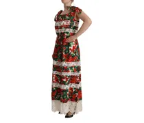 Women's Multicolor Geranium Print Lace Long Maxi Dress Cotton Polyester