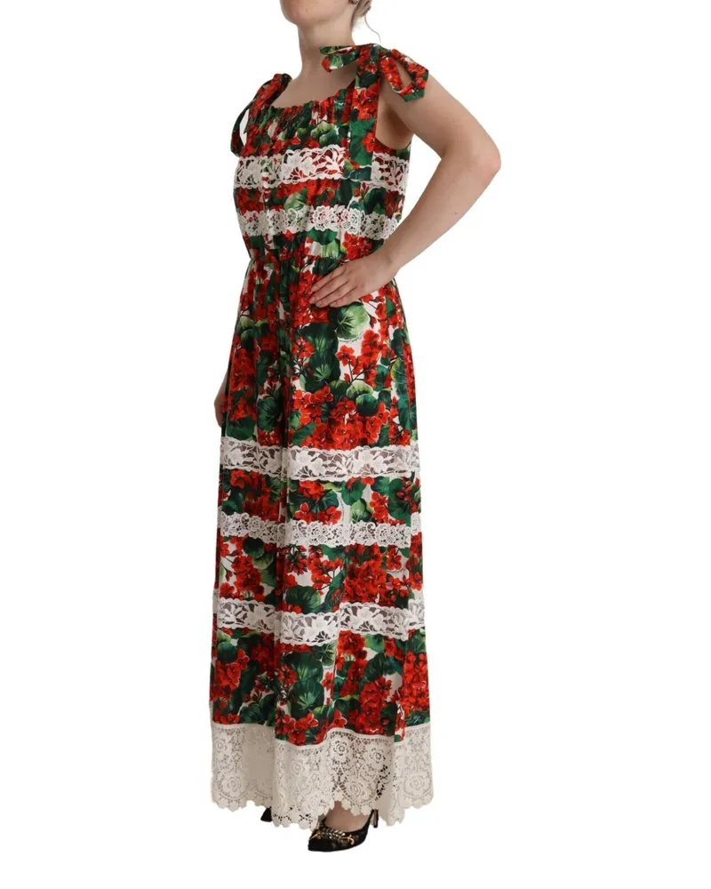Dolce & Gabbana Women's Multicolor Geranium Print Lace Long Maxi Dress Cotton Polyester Multicolor