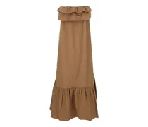 Off-Shoulder Ruched Maxi Dress — Beige