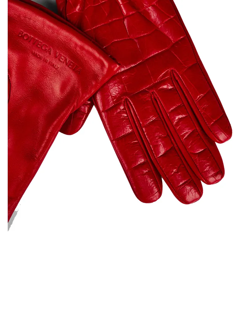 Bottega Veneta Women's Croc Embossed Logo Leather Gloves Red Accessories Red