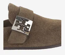 Metal-Buckle Suede Mule — Brown