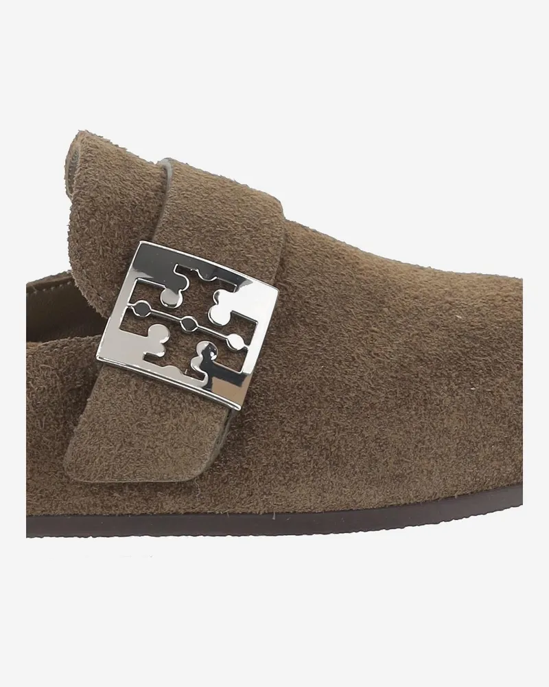 Tory Burch Women's Brown Suede Mules With Ankle Strap Slippers Flat Shoes Brown