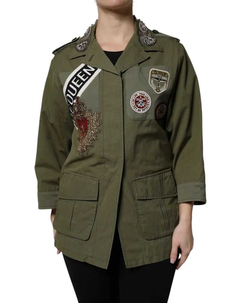 Dolce & Gabbana Women Military Green Queen Embellished Coat Jacket Cotton Clothing Green