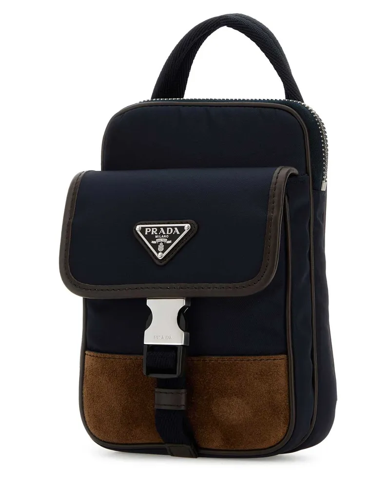 Prada Men's Two-Tone Nylon And Suede Phone Case Blucaffe Poliammidericiclata-Vitello Cover Blucaffe' Accessory Navy