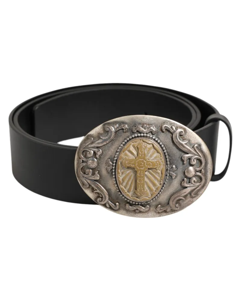 Dolce & Gabbana Black Leather Ornate Metal Buckle Men Belt 100lf Black