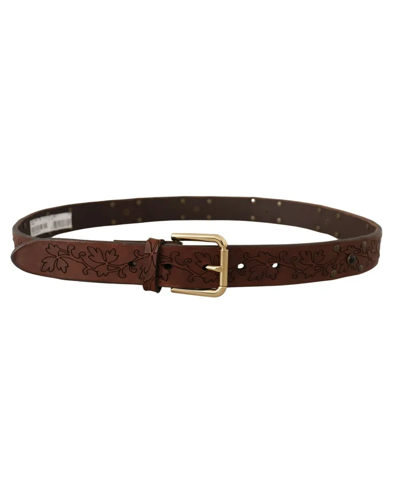 Dolce & Gabbana Men's Brown Leather Floral Studded Metal Buckle Belt Brown