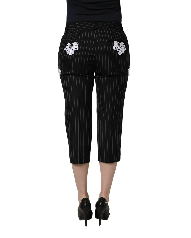 Dolce & Gabbana Women's Black Lace Applique Pinstripe Cropped Pants Wool Polyester Black