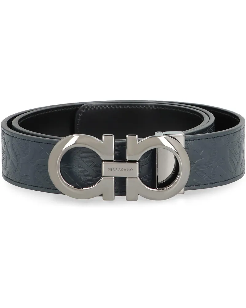 Ferragamo Men's Logo Buckle Leather Belt Blue Calf Blue