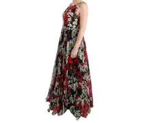 Women's Multicolor Silk Floral Crystal Long Maxi Dress