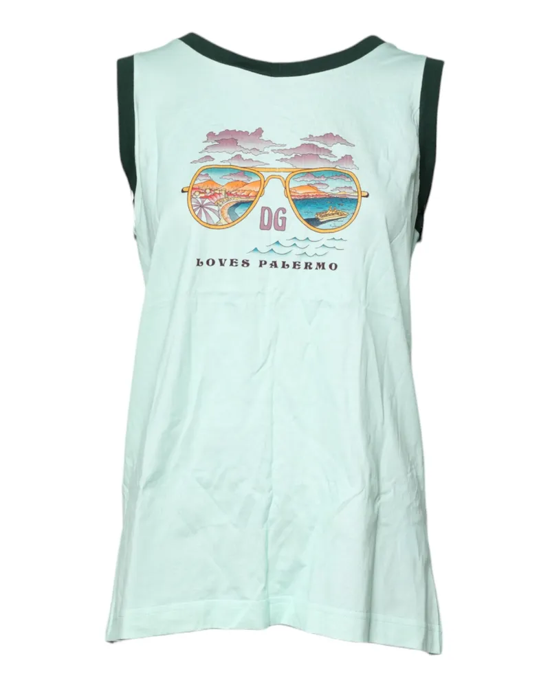 Dolce & Gabbana Women's Light Green Graphic Print Sleeveless Tank T-Shirt Cotton Green