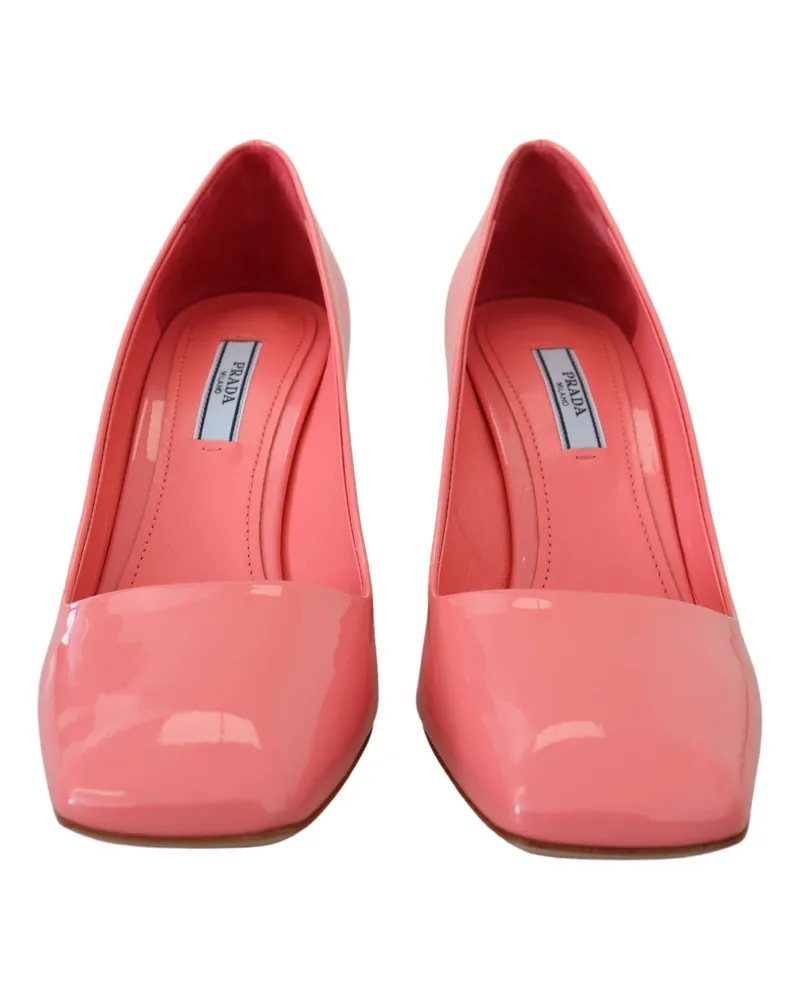 Prada Women's Pink Patent Leather Block Heels Pumps Classic Pink