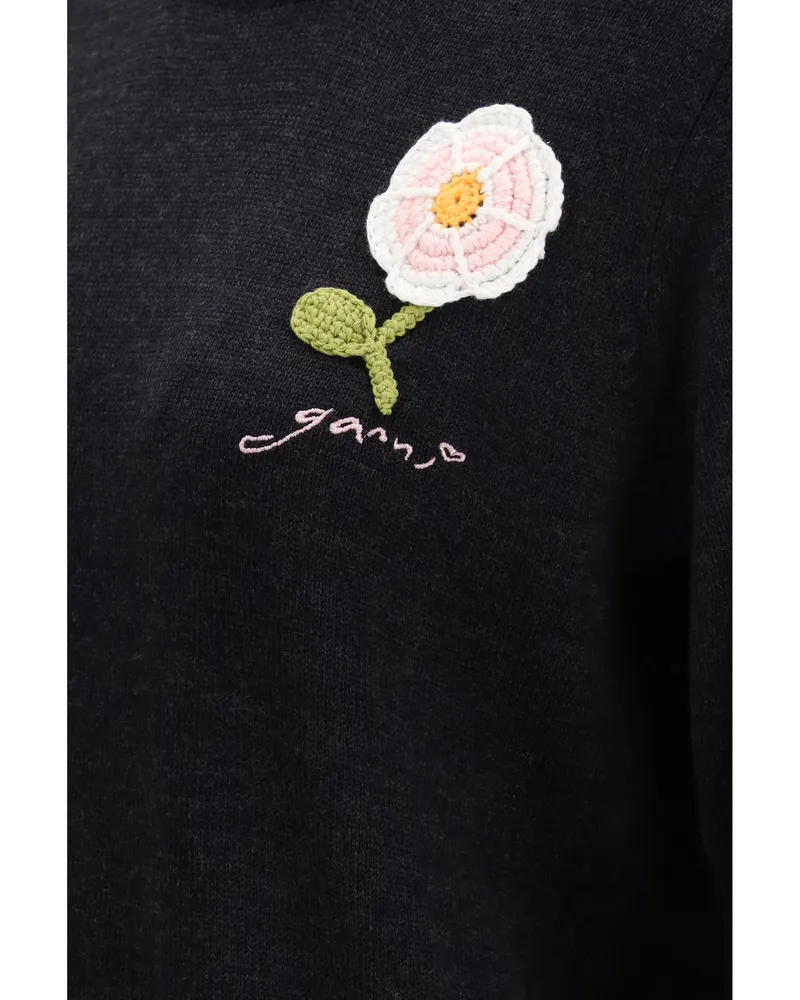 Ganni Merino Wool with Crochet Flower Sweater — Black 