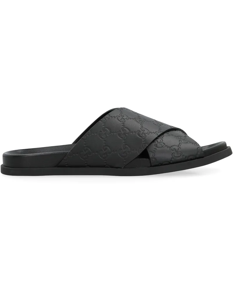 Gucci Men's Leather Slides Black Calf Skin Flip Flops Black