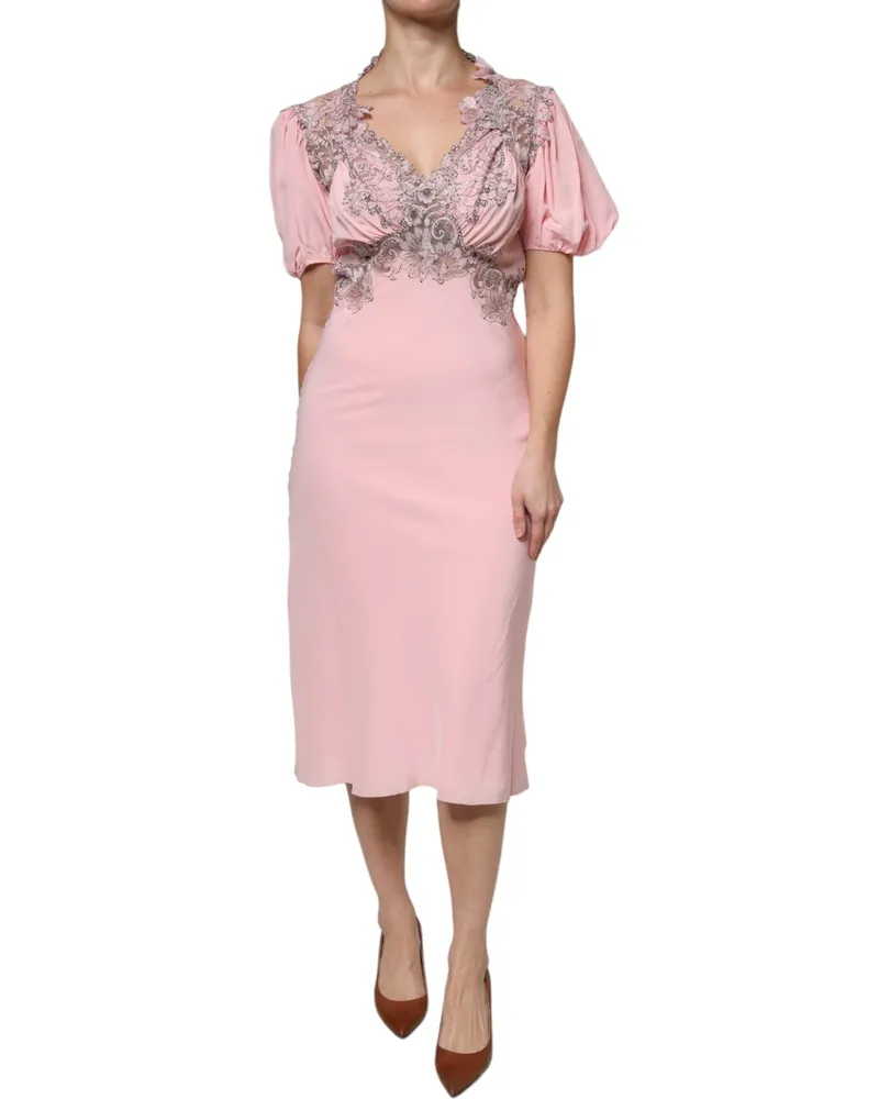 Ermanno Scervino Women's Pink Floral Lace Short Sleeves V-Neck Midi Dress Silk Pink