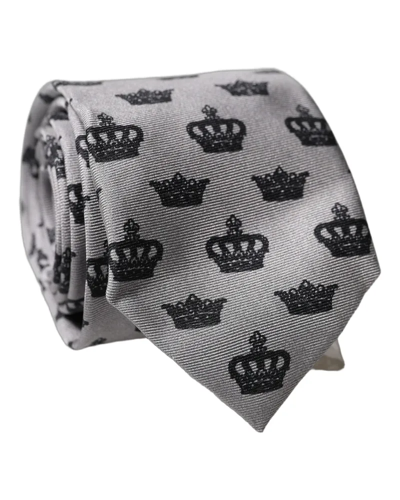 Dolce & Gabbana Gray Crown Fantasy Silk Adjustable Men Tied Necktie Tie Gray